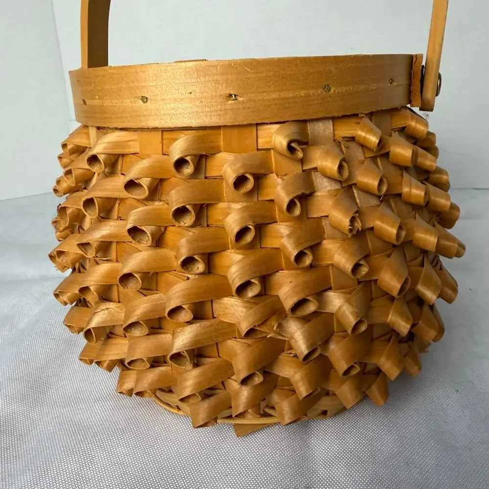 VTG Pineapple Popcorn Porcupine Curl Weave Splint Basket Bentwood Handle Round